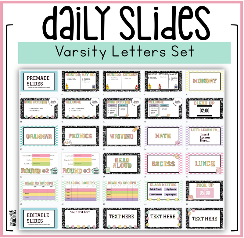 Varsity Letter Classroom Google Slides Composition Notebook Pastel Daily Slides