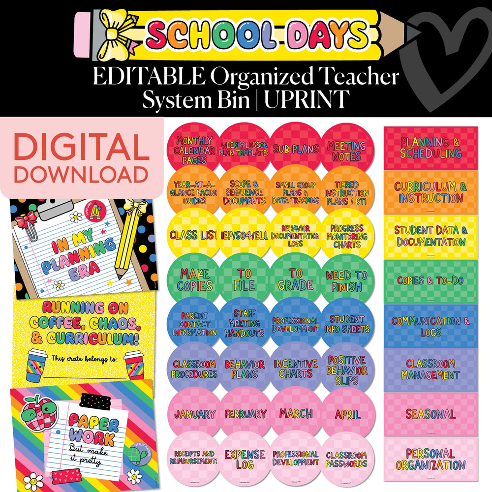 Printable Rainbow Editable Organized Teacher System Bin | School Days