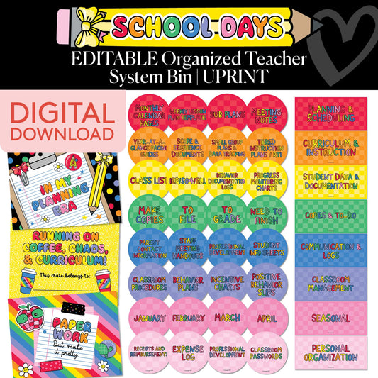 Printable Rainbow Editable Organized Teacher System Bin | School Days