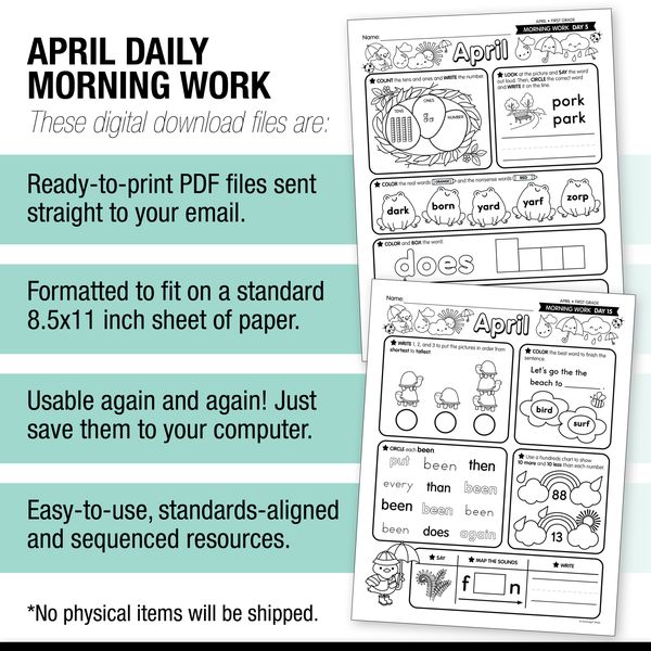 Printable First Grade April Daily Morning Work