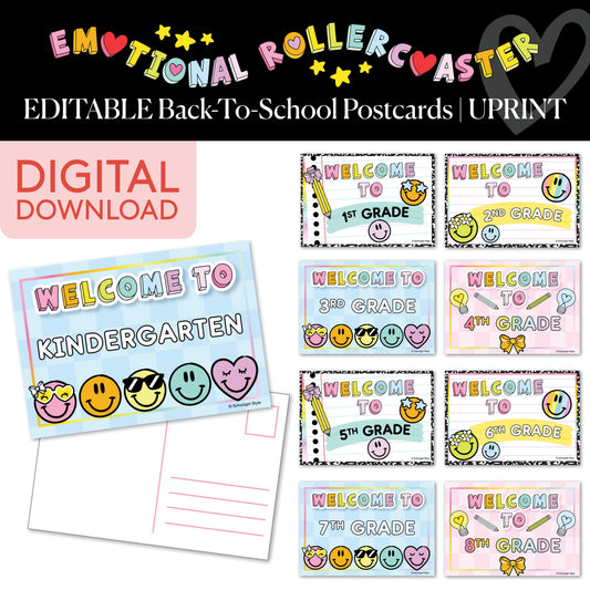 Printable Rainbow Pastel Editable Back to School Postcards | Emotional Rollercoaster