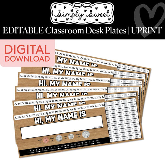 Printable Classic Black and White Editable Classroom Desk Plates | Simply Sweet