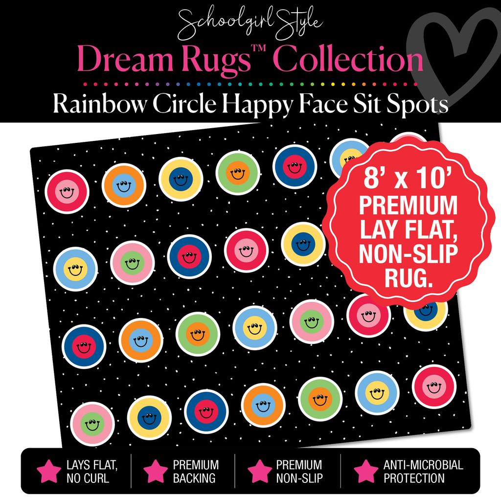 Rainbow Happy Face Circle Sit Spot Classroom Rug by Schoolgirl Style