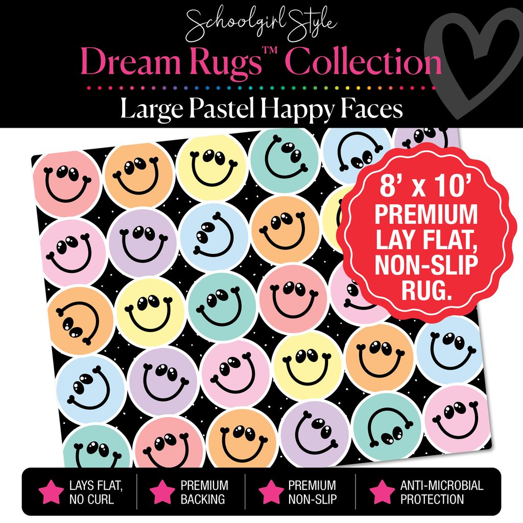 Large Scattered Pastel Happy Faces Classroom Rug by Schoolgirl Style