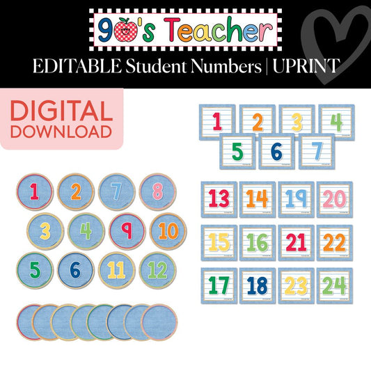 Printable Retro Editable Student Numbers | 90s Teacher