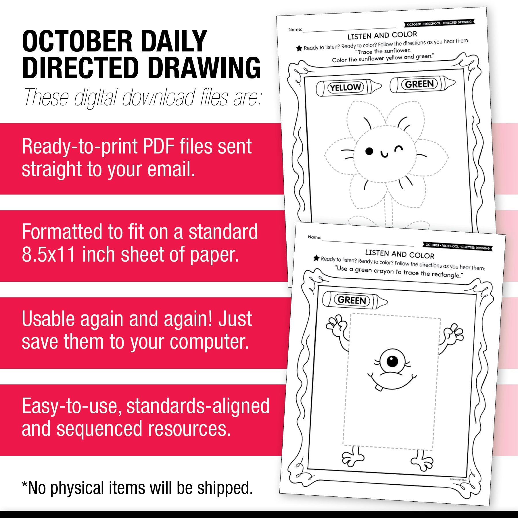 Printable Preschool October Directed Drawing Worksheets