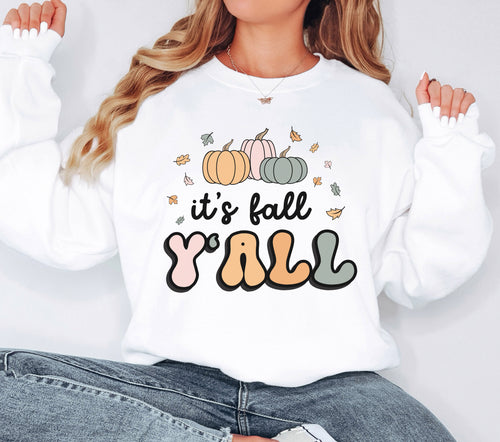 "It's Fall Y'all" Teacher Sweatshirt in white green pink and tan by UPRINT