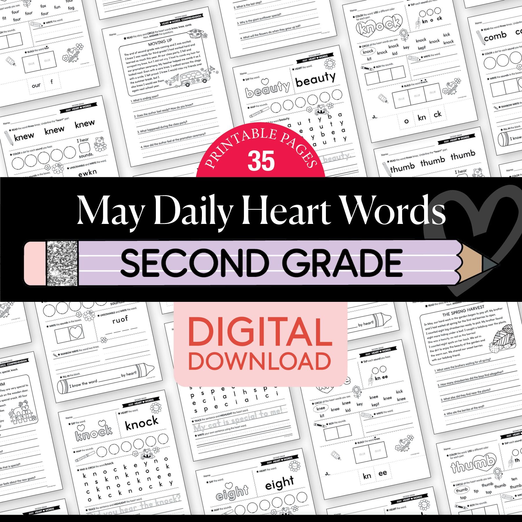 Printable Second Grade May Daily Heart Words