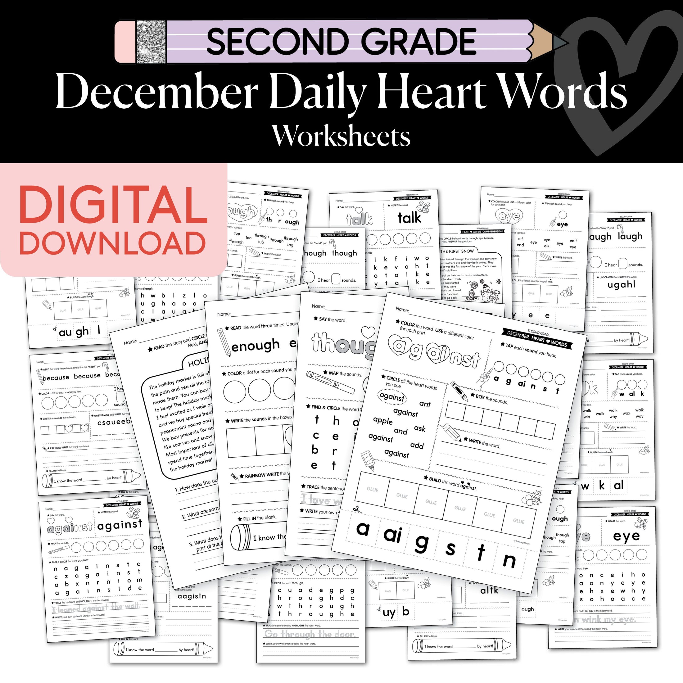Printable Second Grade December Daily Heart Words