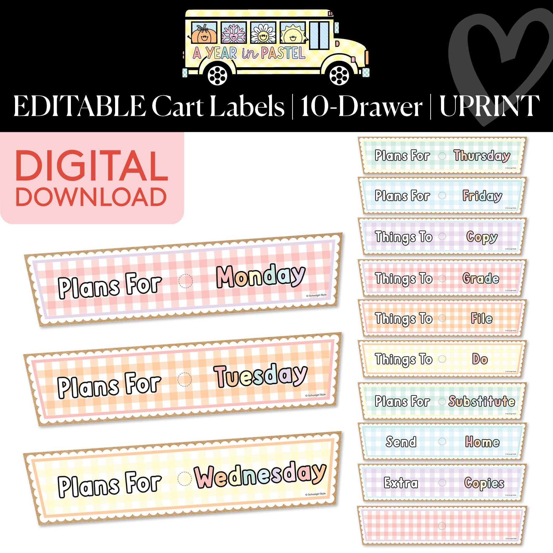 Printable Gingham Editable 10 Drawer Cart Labels | A Year In Pastel