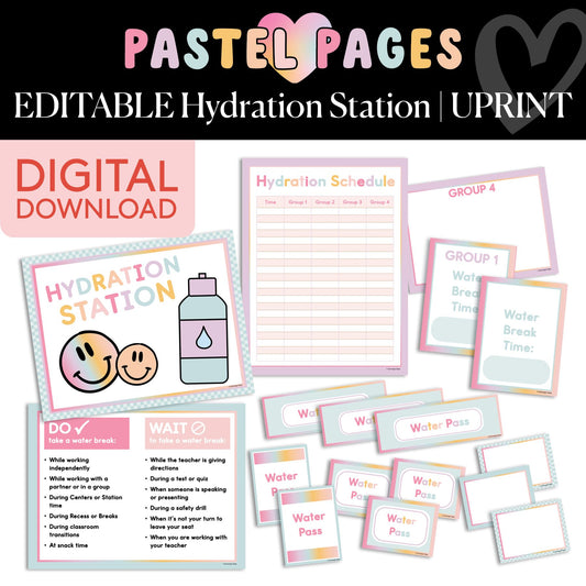 Printable Editable Boho Pastel Hydration Station – Classroom Water Bottle Management System | Pastel Pages