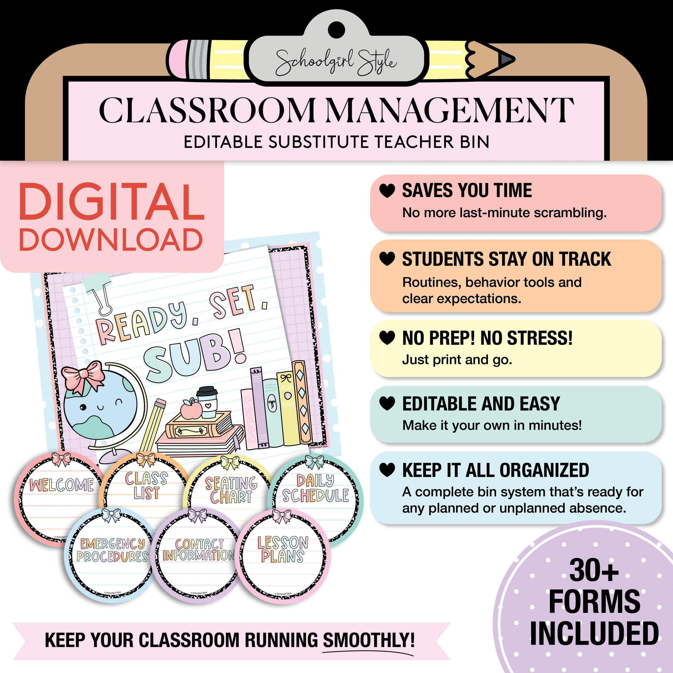 Printable Pastel Editable Substitute Teacher Bin and Forms