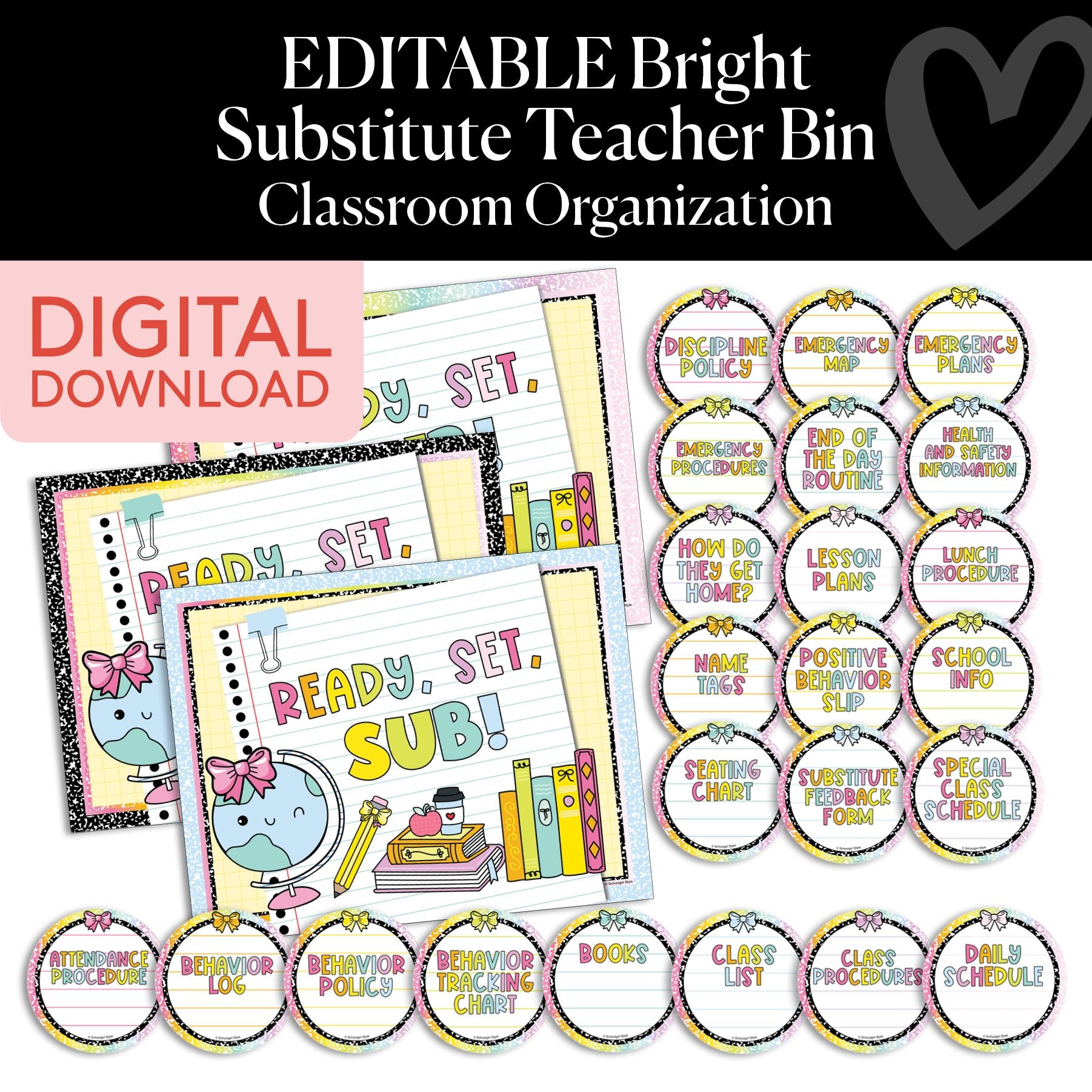 Printable Bright Editable Substitute Teacher Bin | Emotional Rollercoaster