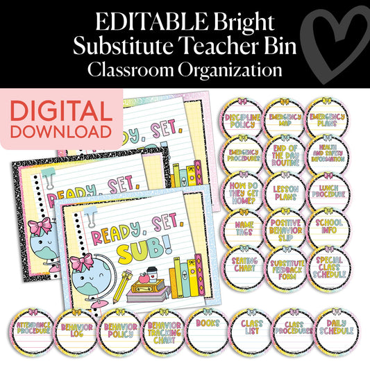 Printable Bright Editable Substitute Teacher Bin | Emotional Rollercoaster