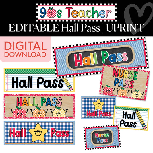 Printable Retro Editable Hall Passes | 90s Teacher