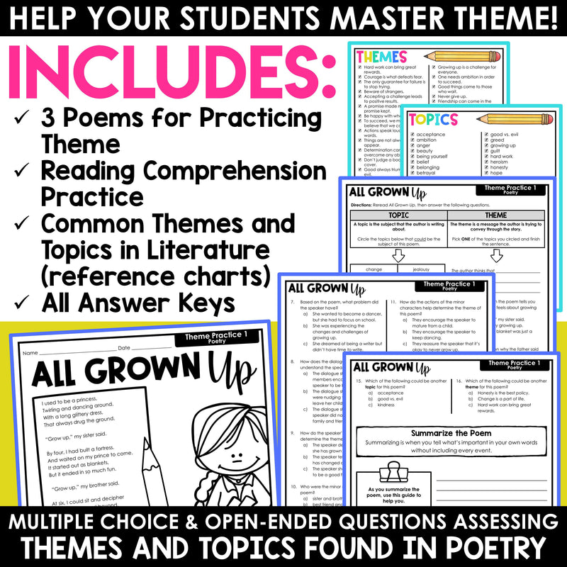 Teaching Theme with Poetry Finding Theme in Poems Worksheets Identifying Theme