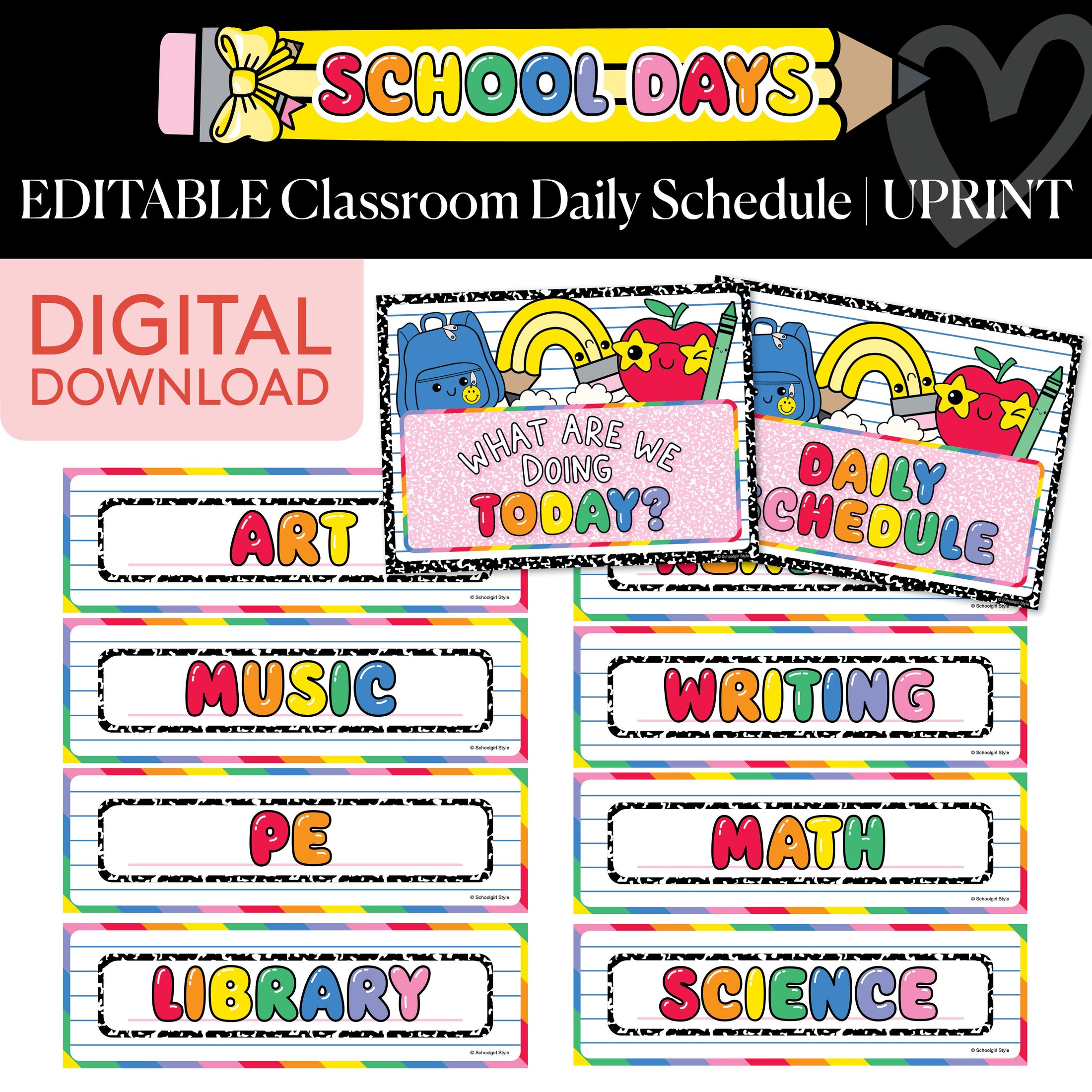 Printable Bright Rainbow Editable Classroom Daily Schedule | School Days