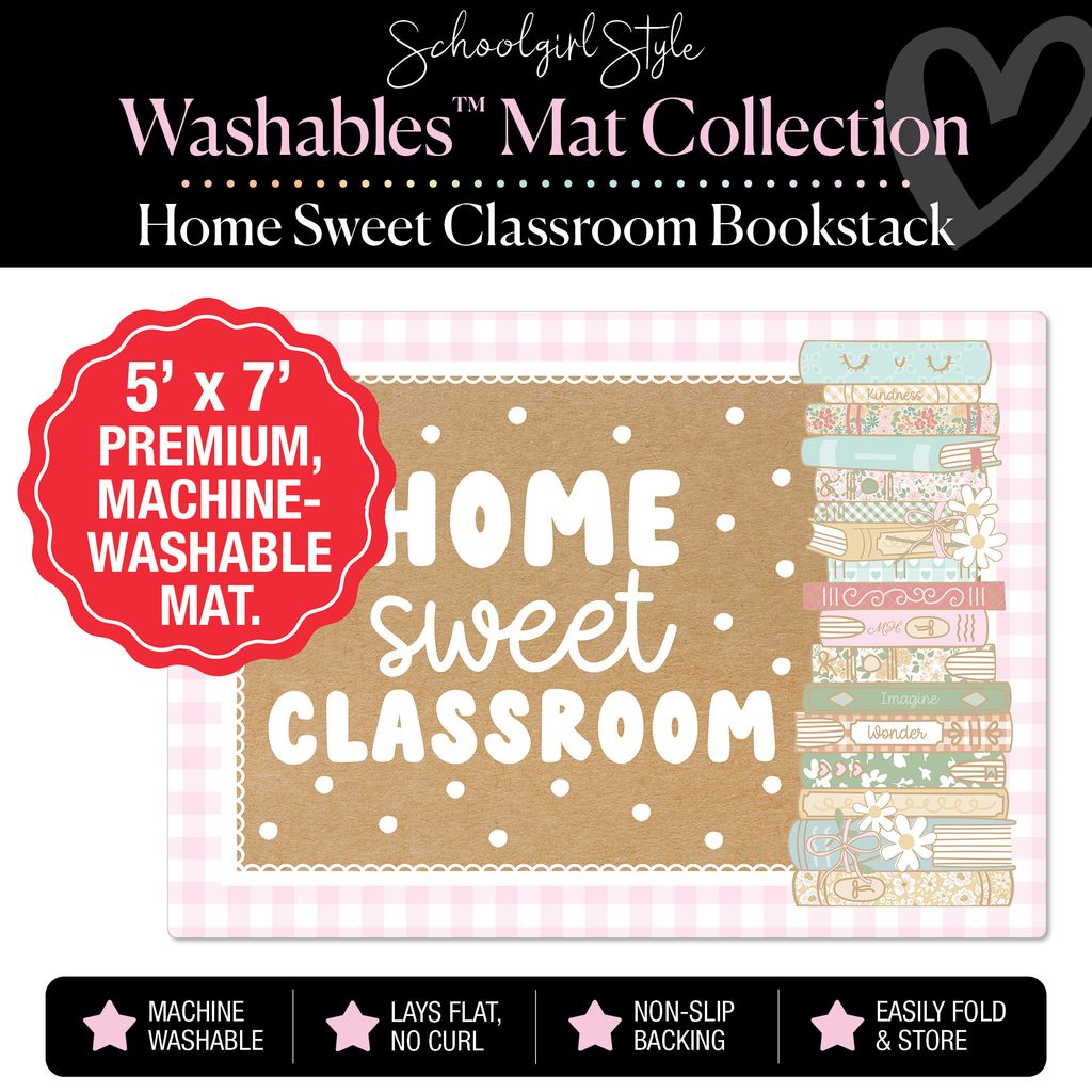 Home Sweet Classroom Bookstack with Pink Checkerboard Border and Polka Dots Classroom Mat by Schoolgirl Style
