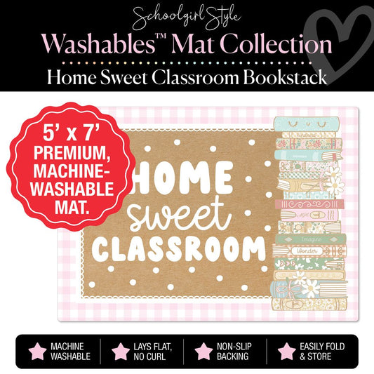 Home Sweet Classroom Bookstack with Pink Checkerboard Border and Polka Dots Classroom Mat by Schoolgirl Style