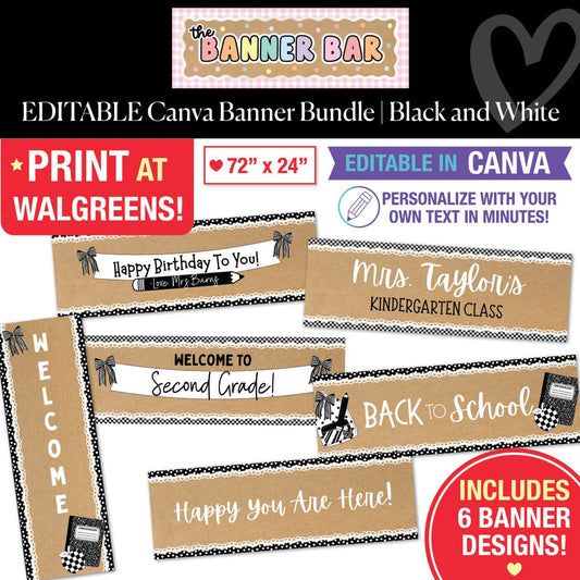 Black and White Editable Canva Walgreens Compatible Kraft Style Banner Bundle