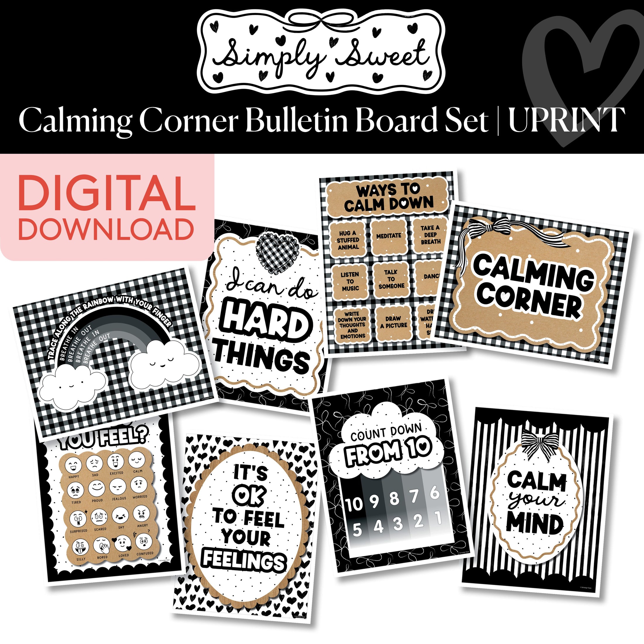 Printable Classic Black and White Calming Corner Bulletin Board Set | Simply Sweet