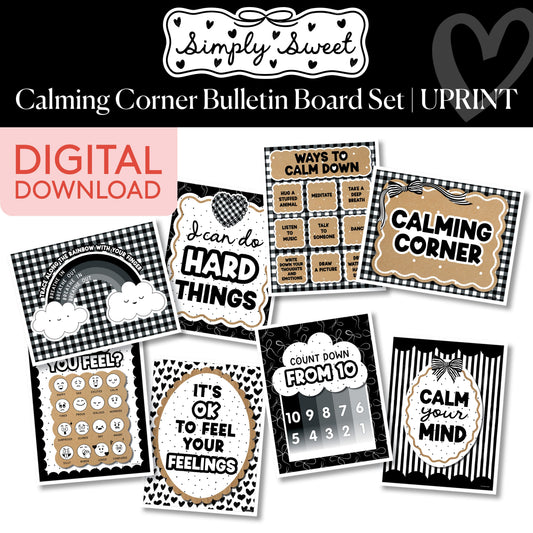 Printable Classic Black and White Calming Corner Bulletin Board Set | Simply Sweet