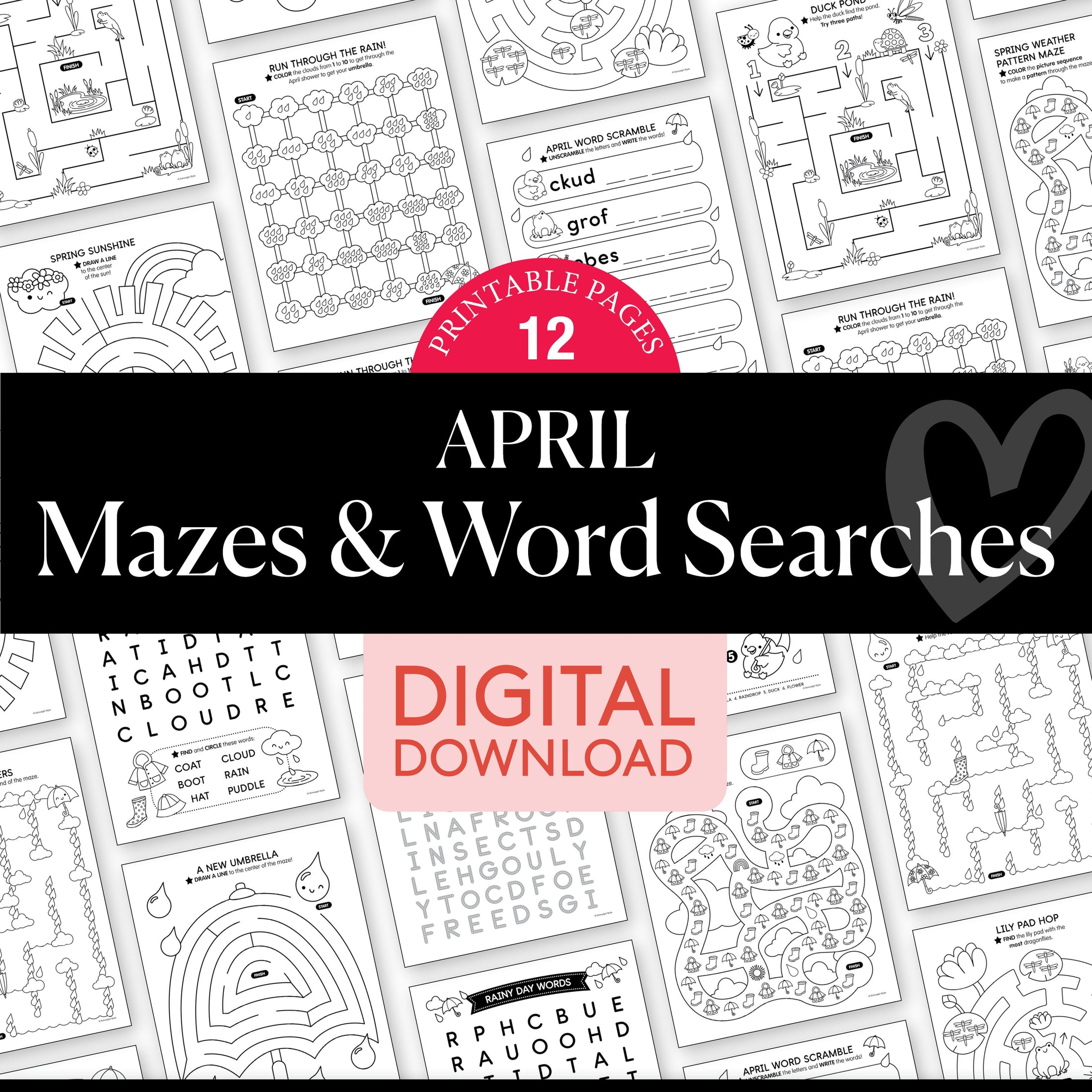 Printable April Mazes and Word Searches