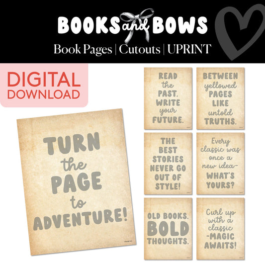 Printable Black and White Book Pages Bulletin Board Cutouts | Books and Bows