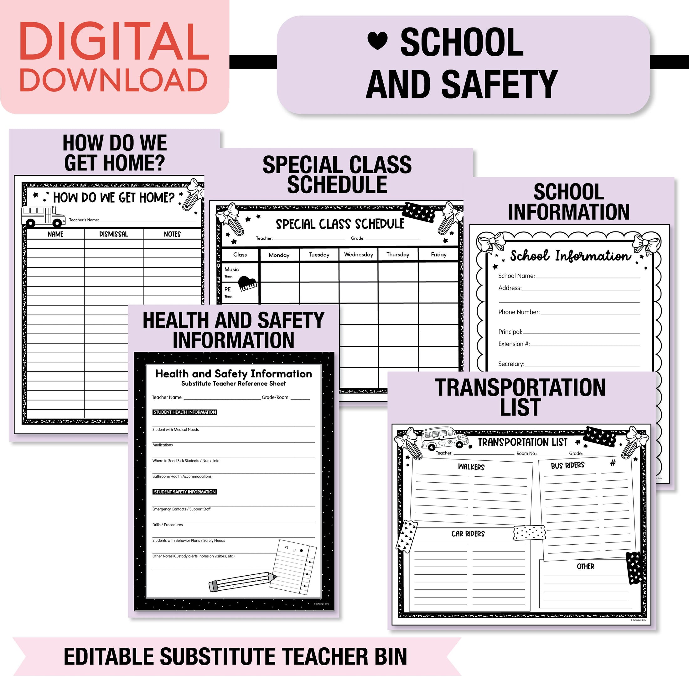 Printable Pastel Editable Substitute Teacher Bin and Forms