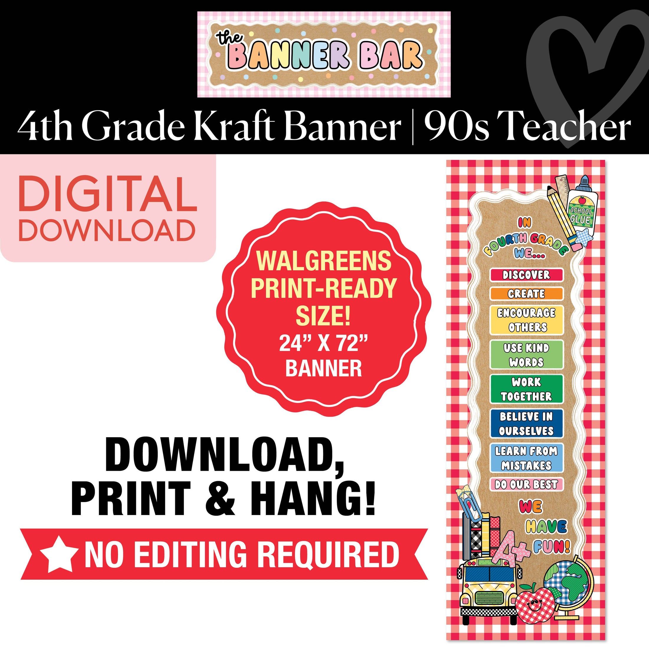 Fourth Grade Rainbow Walgreens Ready Kraft Style Vertical Banner | 90s Teacher