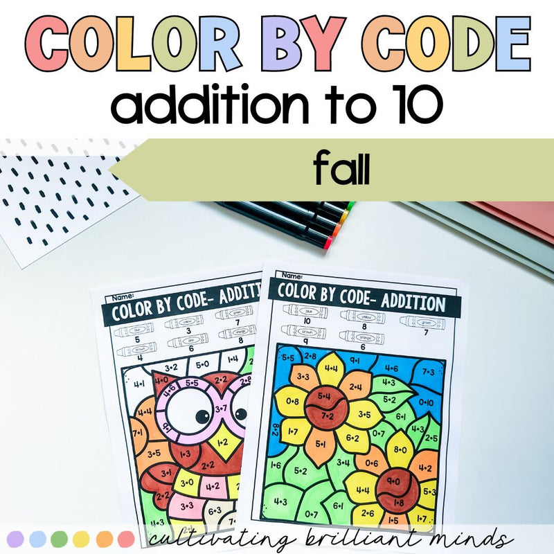 Fall Math Color by Number | Addition to 10 | Color by Code | Autumn
