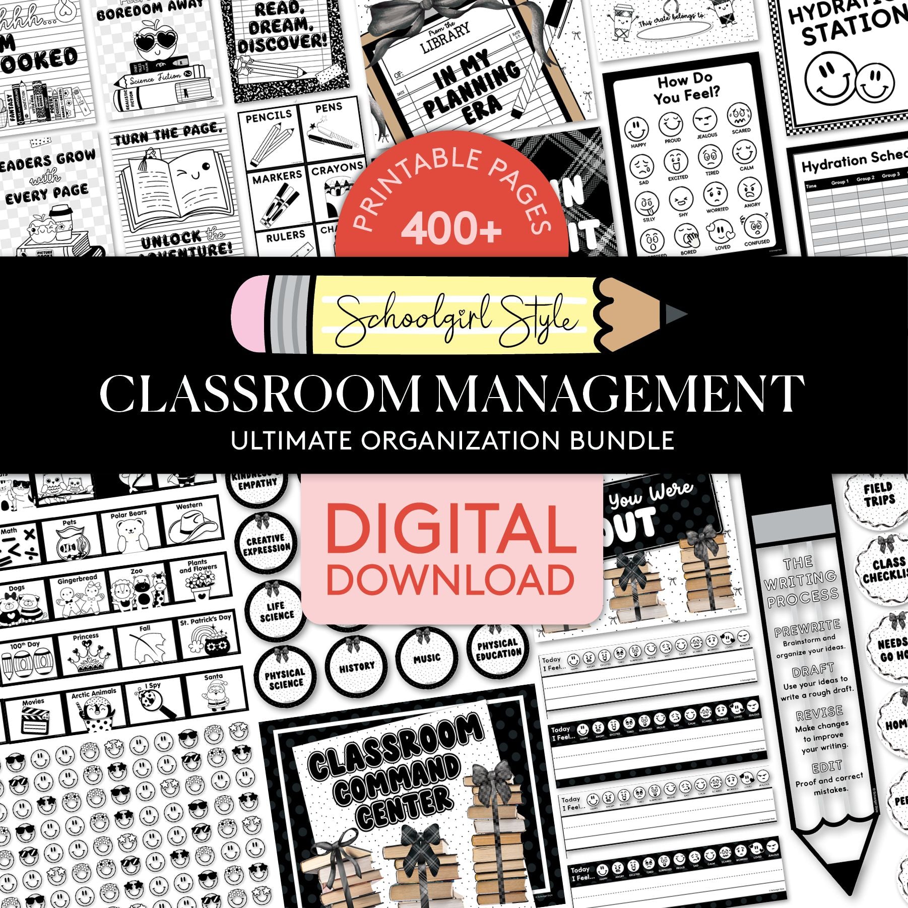 Printable Ultimate Black and White Classroom Management and Organization Bundle