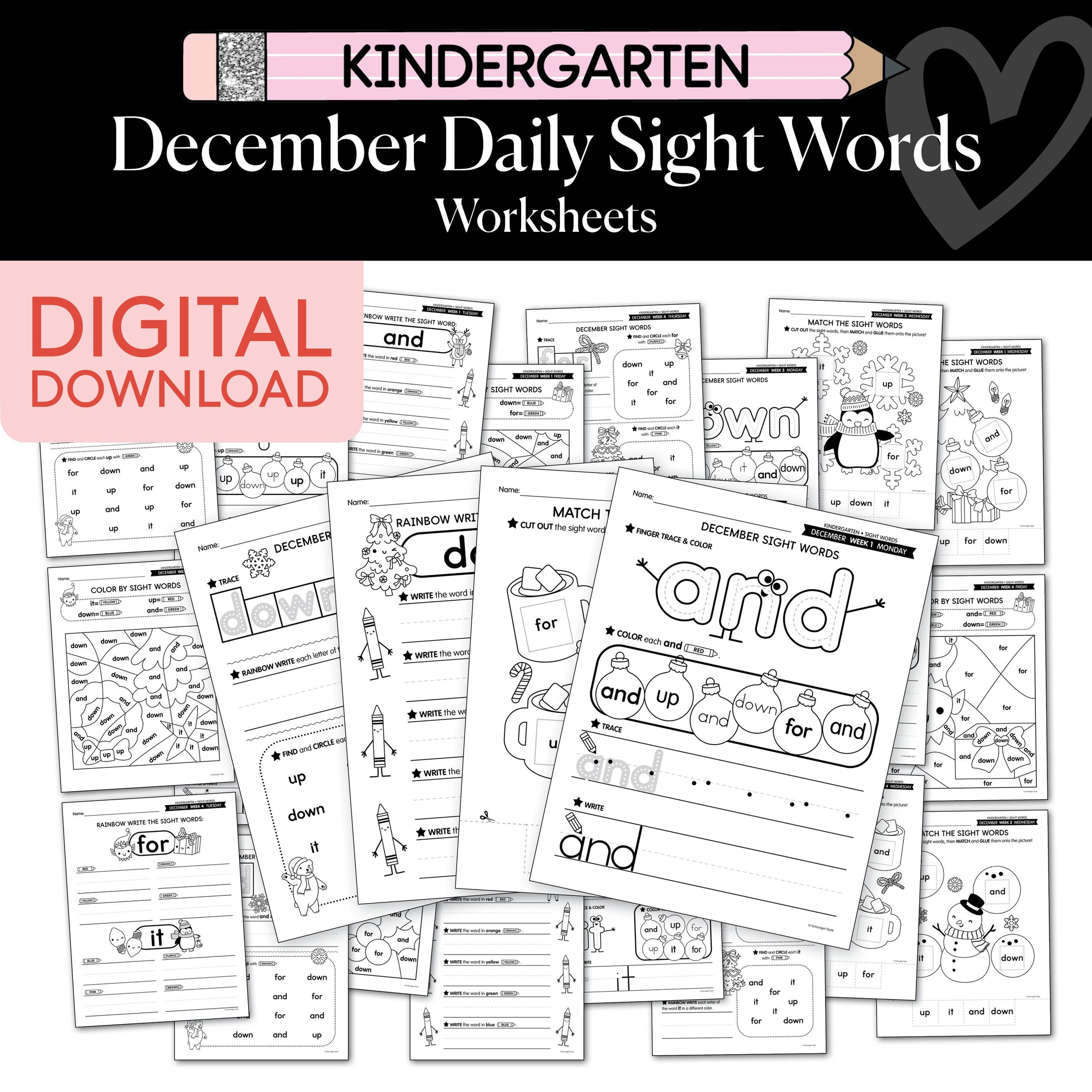 Printable Kindergarten December Daily Sight Words