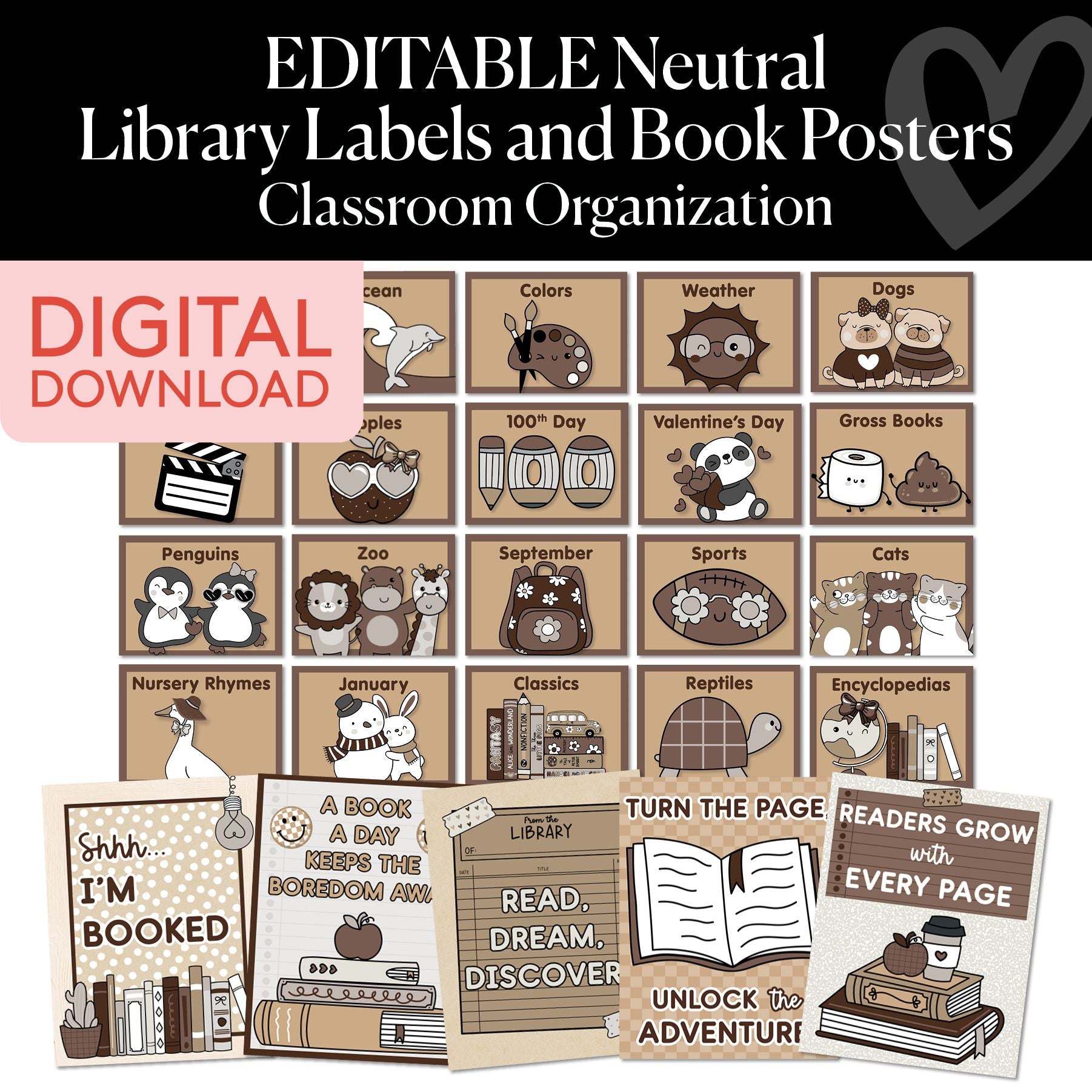 Printable Neutral Classroom Library Labels – Book Bin Labels with Visuals (180-Label Set)