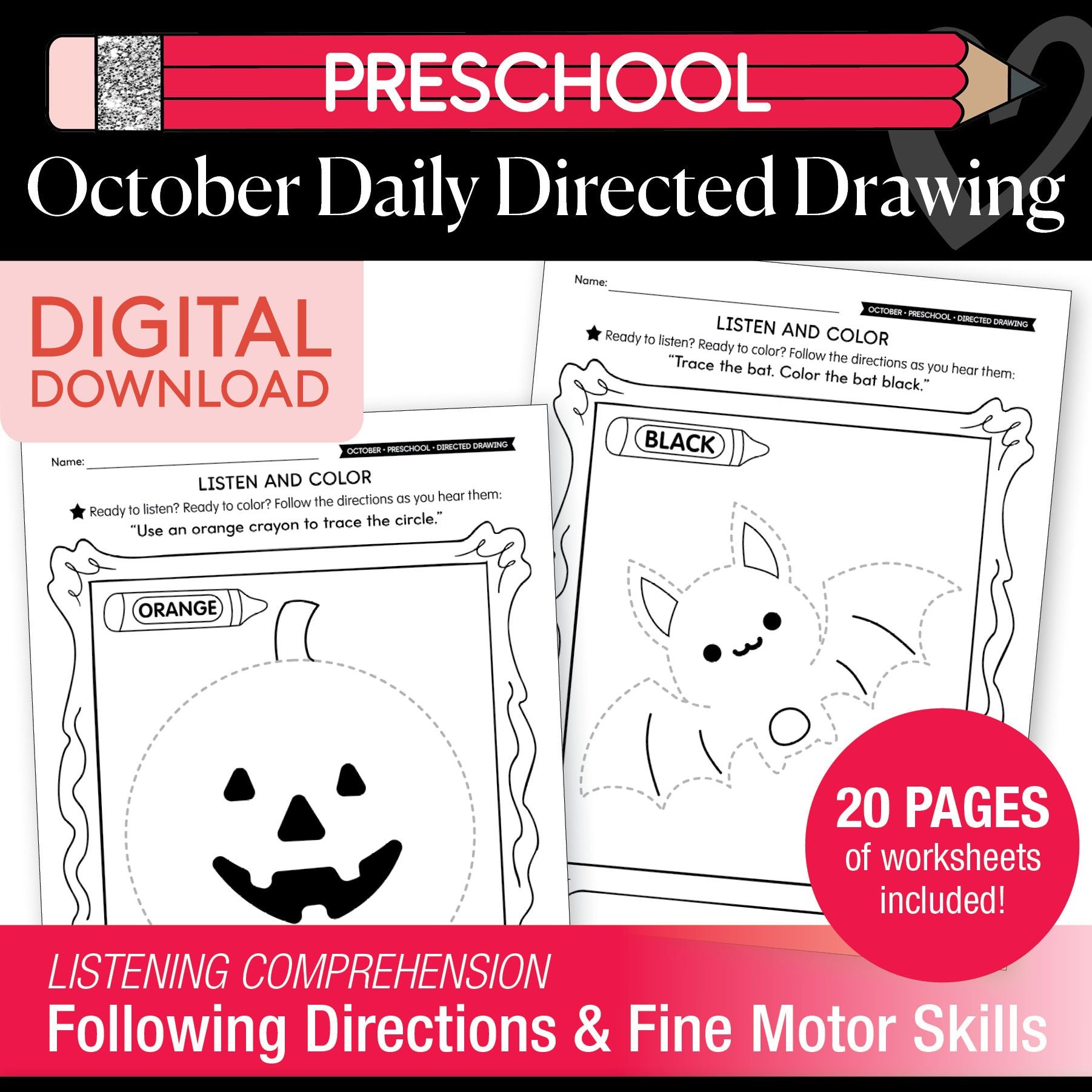 Printable Preschool October Directed Drawing Worksheets
