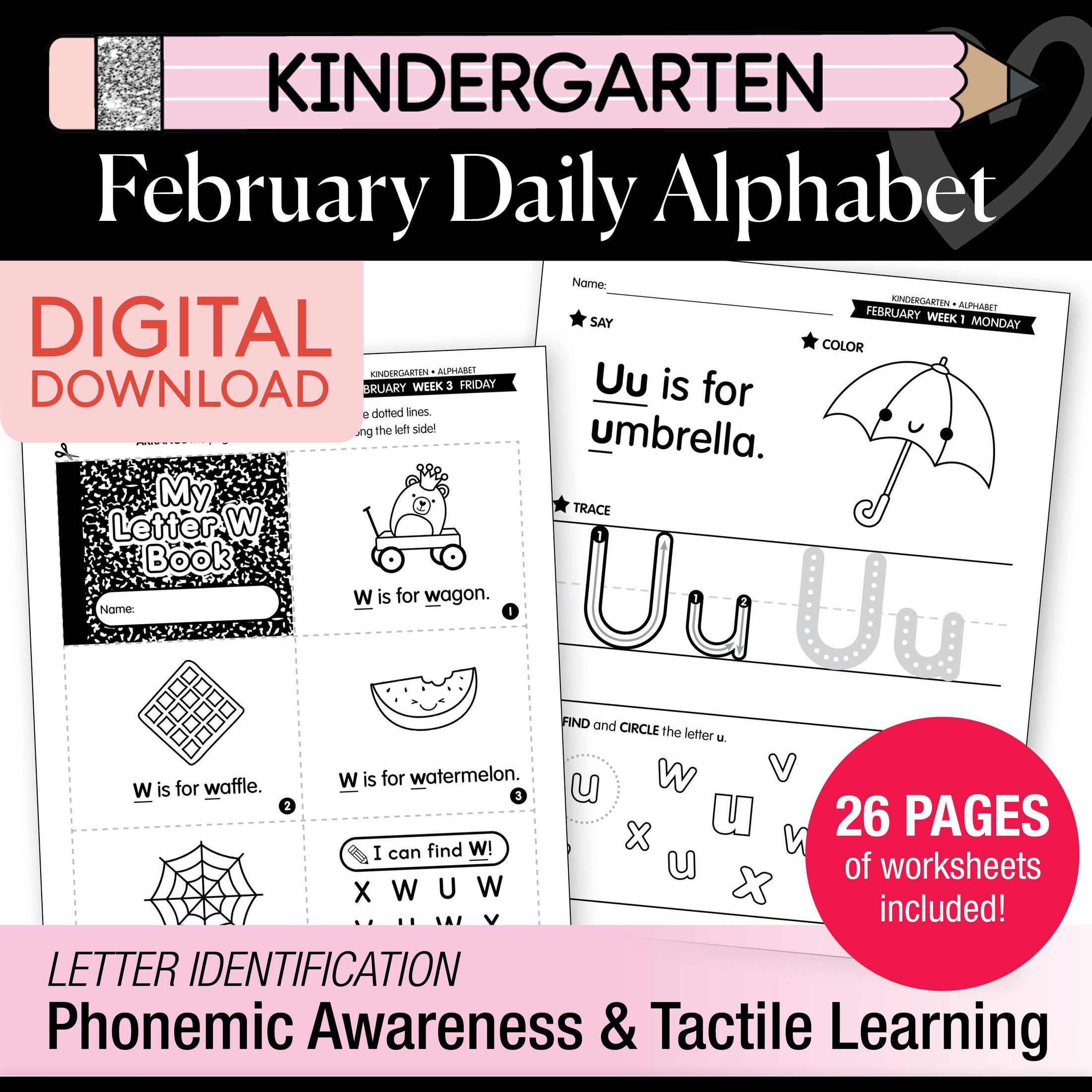 Printable Kindergarten February Daily Alphabet (Q-T)