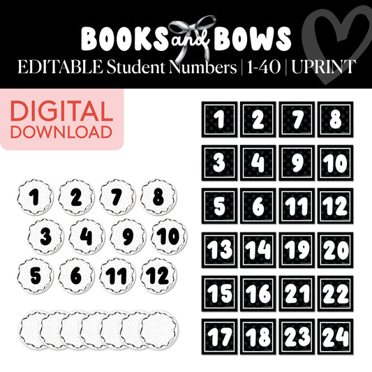 Printable Black and White Editable Student Numbers | Books and Bows