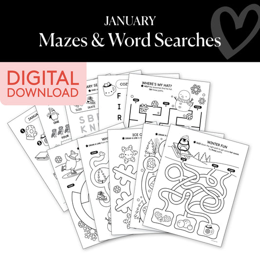 Printable January Mazes and Word Searches