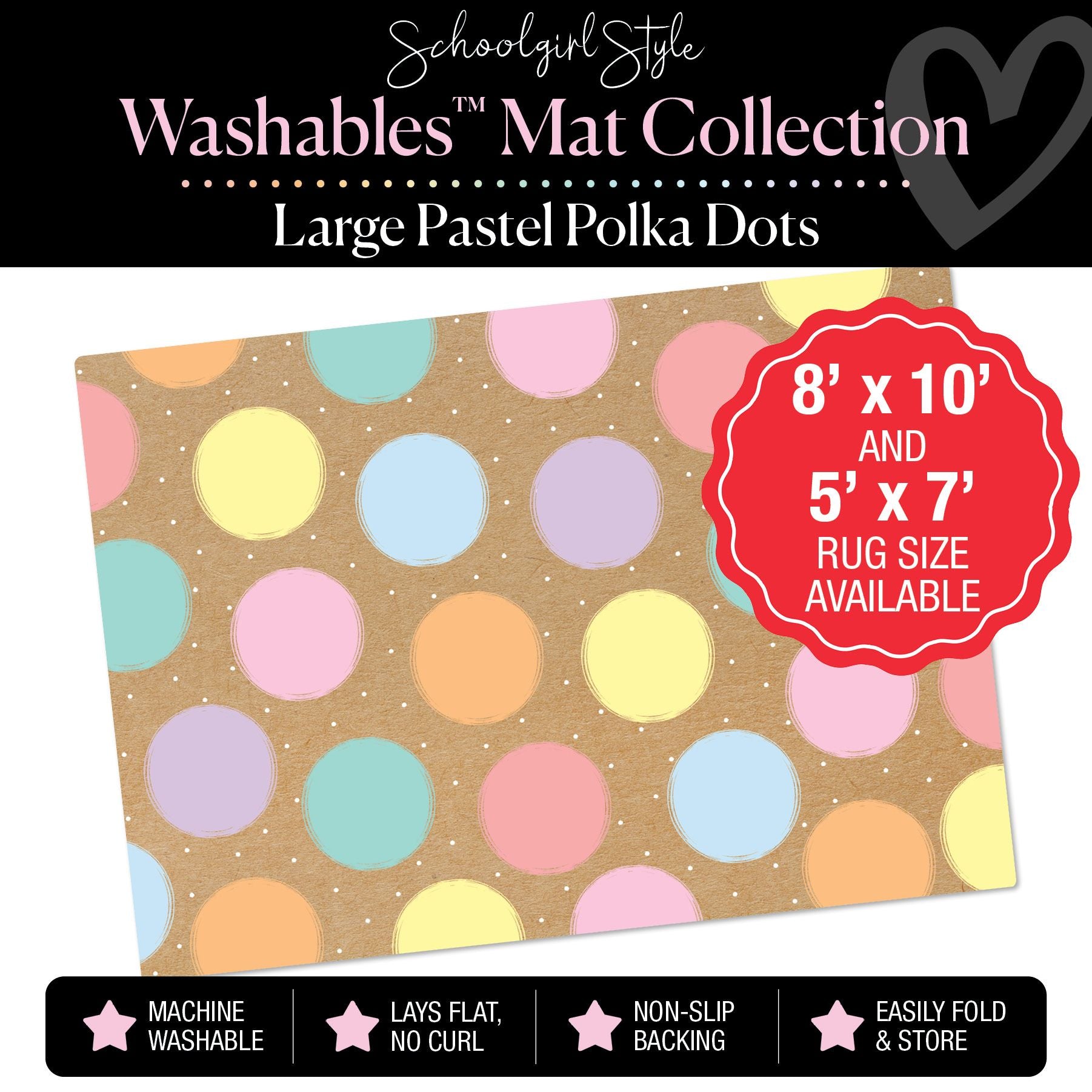 Large Scattered Pastel Polka Dots on Banner Backdrop Classroom Rug by Schoolgirl Style