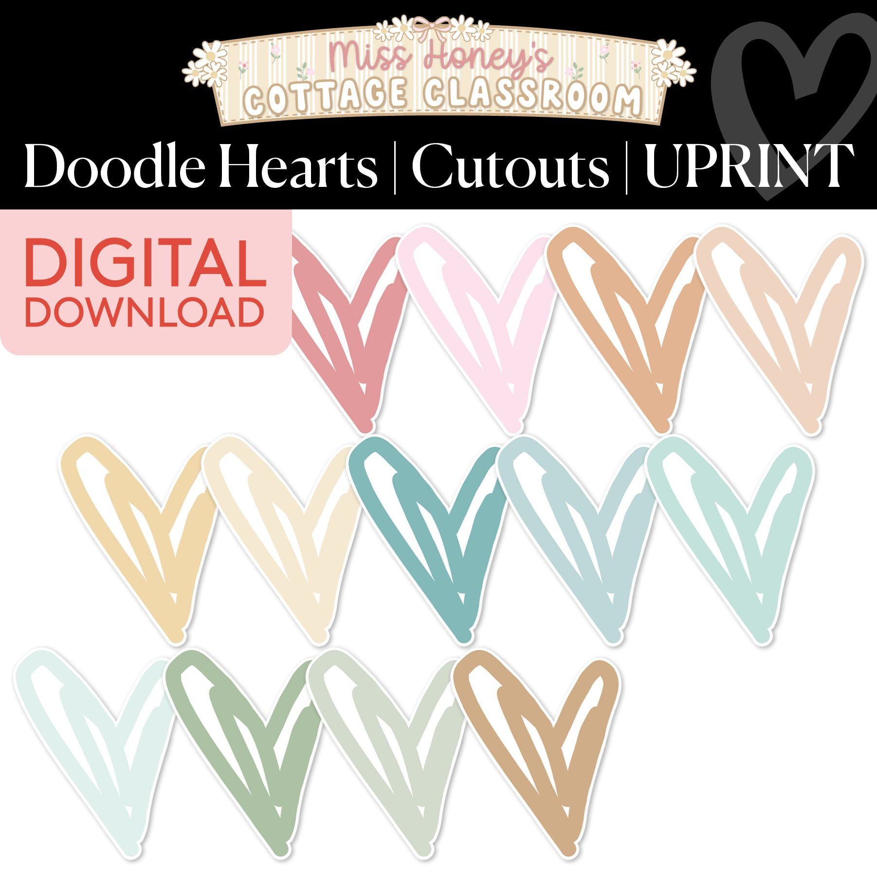 Printable Doodle Heart Cutouts | Miss Honey's Cottage Classroom