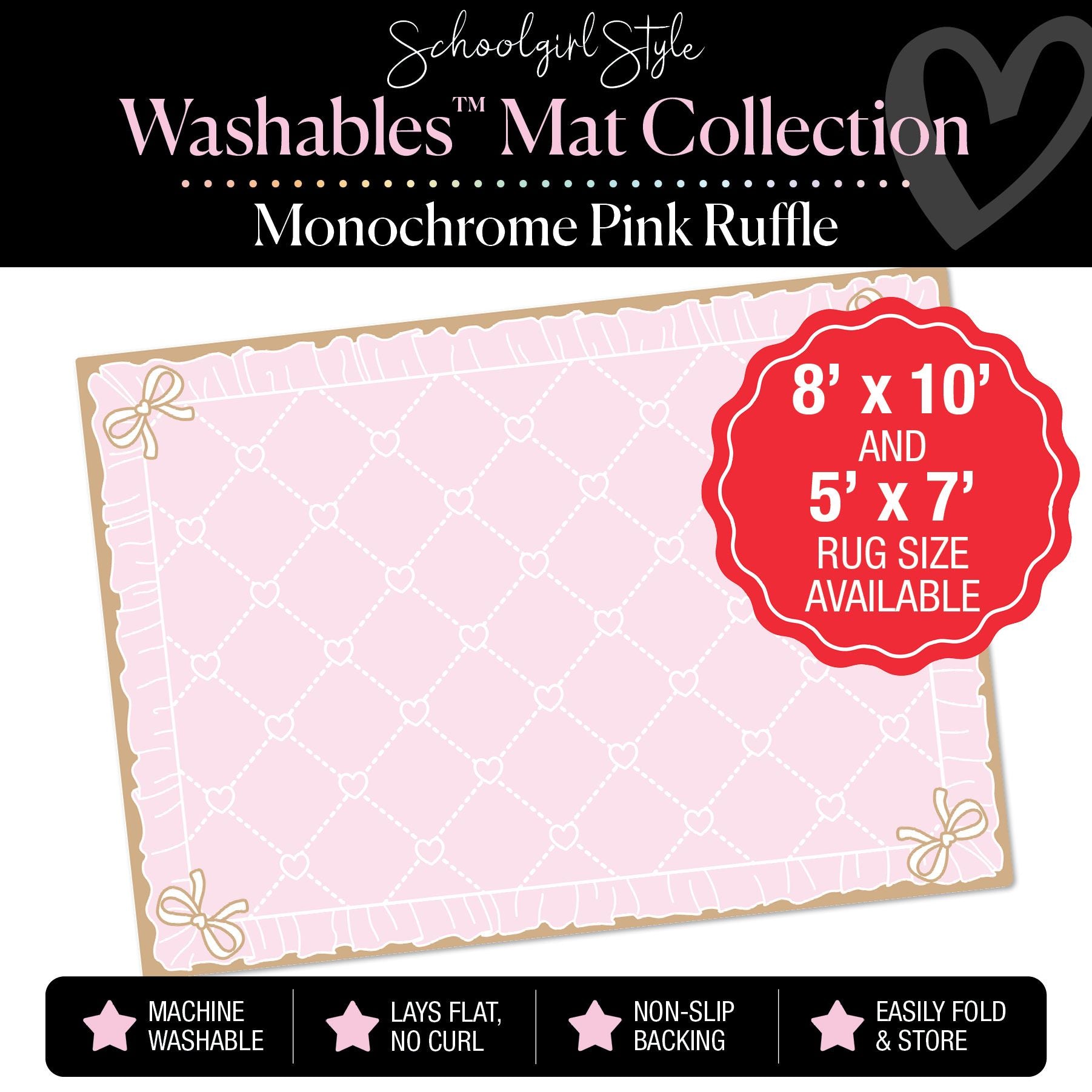 Monochrome Pink Ruffle Vertical Hearts Classroom Mat by Schoolgirl Style