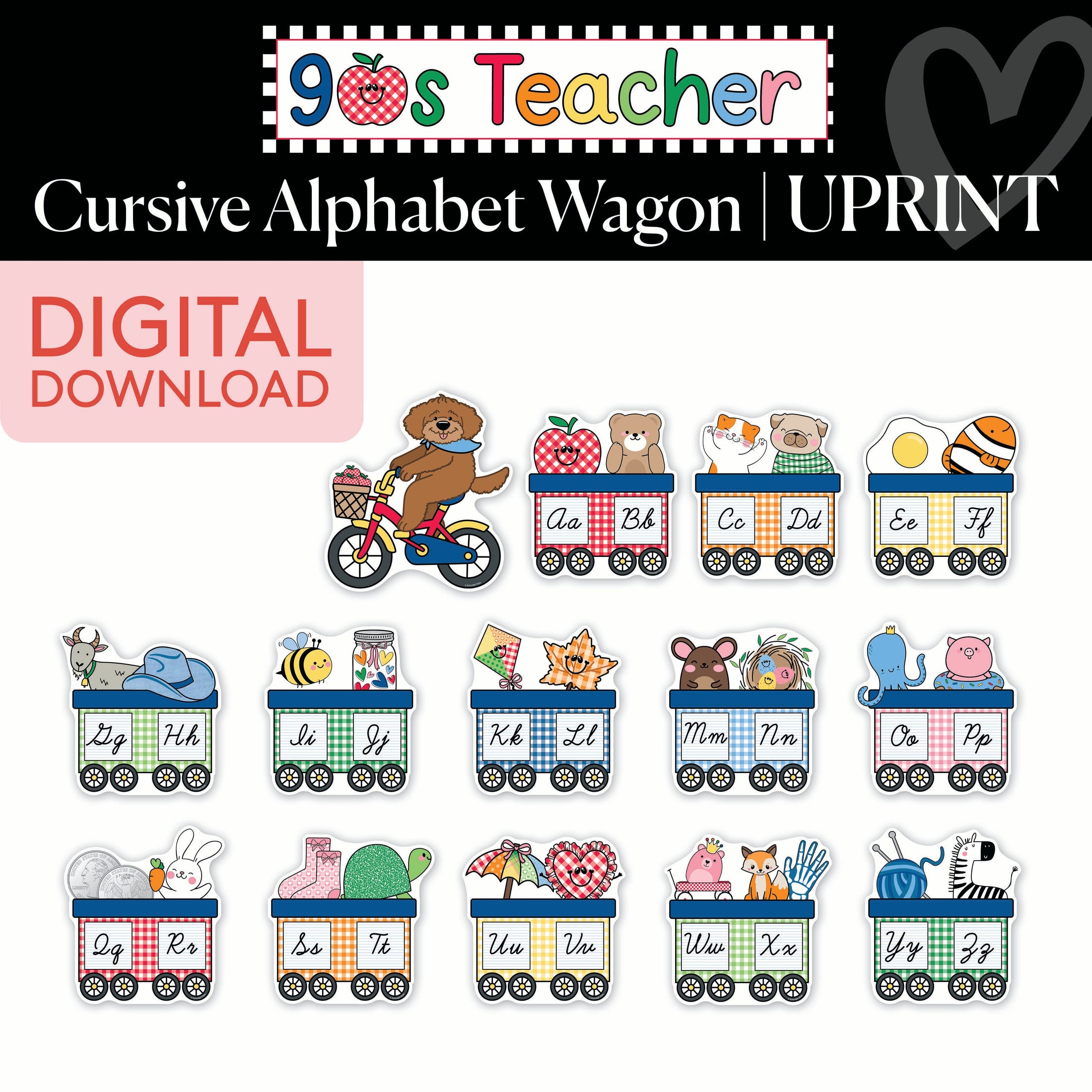 Printable Retro Cursive Alphabet Wagon | 90s Teacher