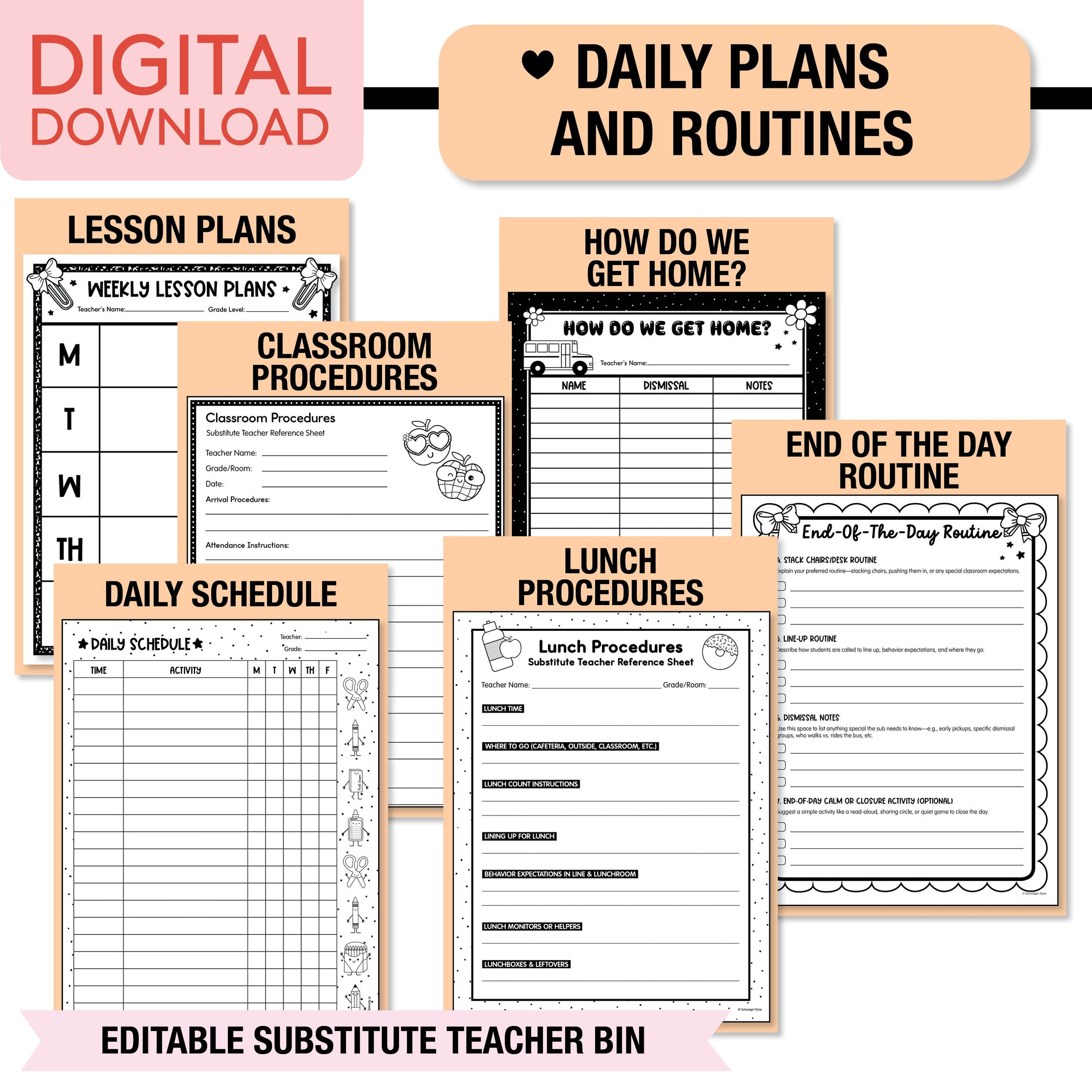 Printable Pastel Editable Substitute Teacher Bin and Forms