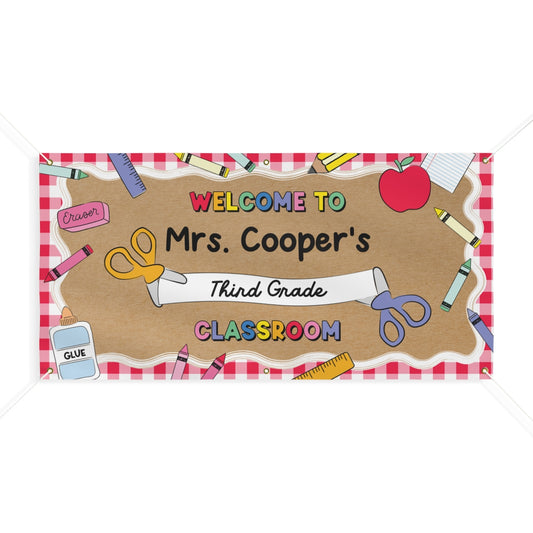 Red Gingham School Supplies Personalized Classroom Banner | Banner Bar