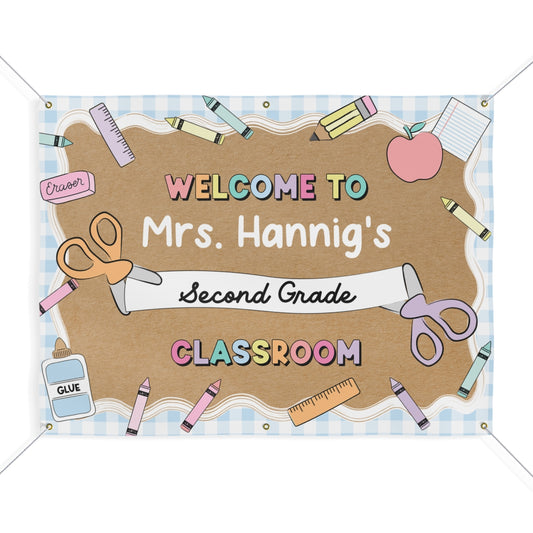 Scissors & School Supplies Pastel Blue Gingham Personalized Banner | Banner Bar