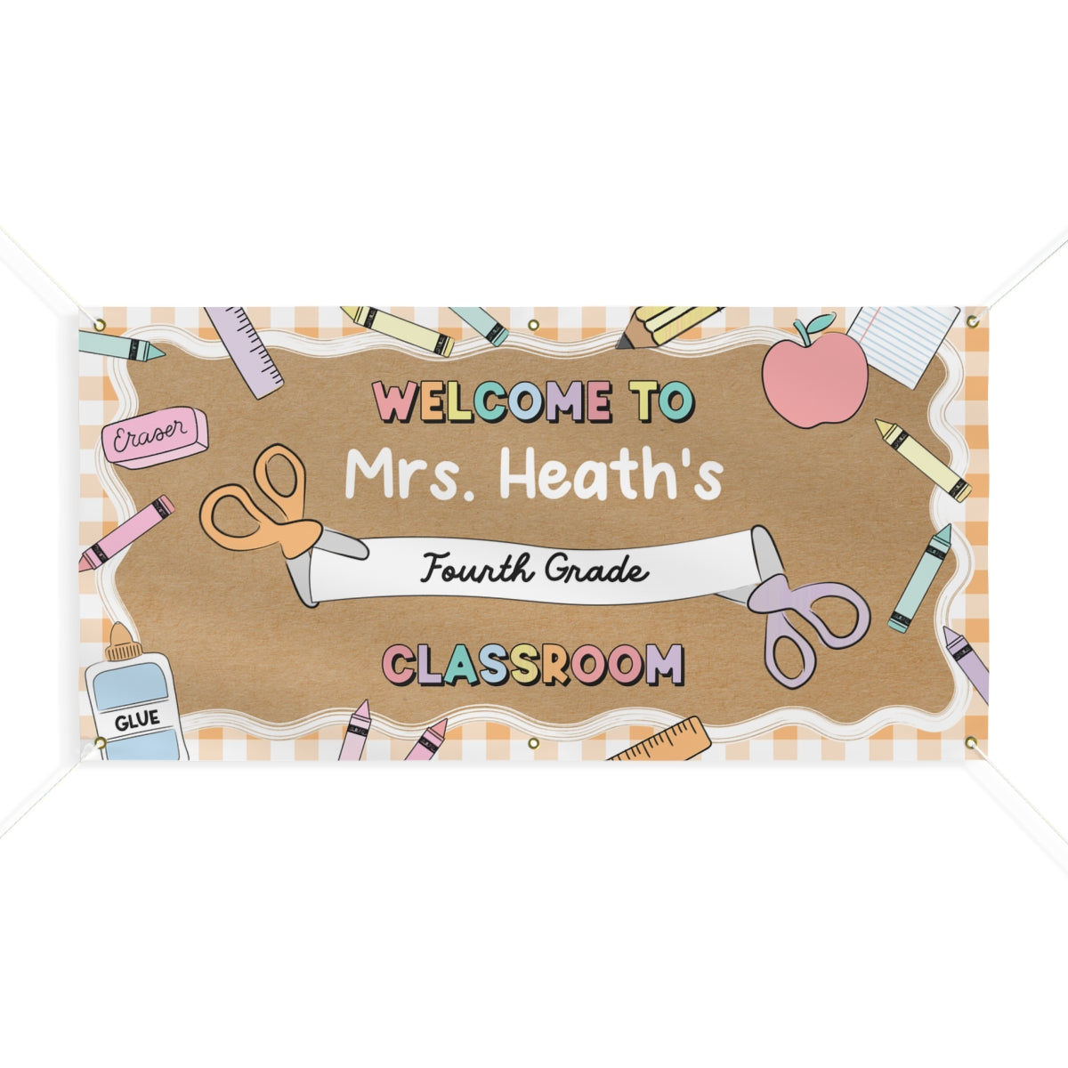 Scissors & School Supplies Pastel Orange Gingham Personalized Banner | Banner Bar