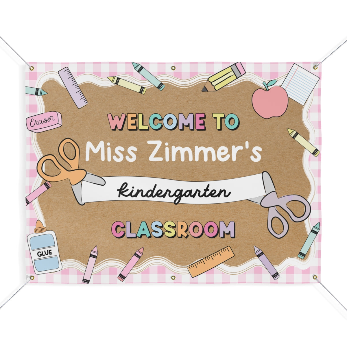Scissors & School Supplies Pastel Pink Gingham Personalized Banner | Banner Bar
