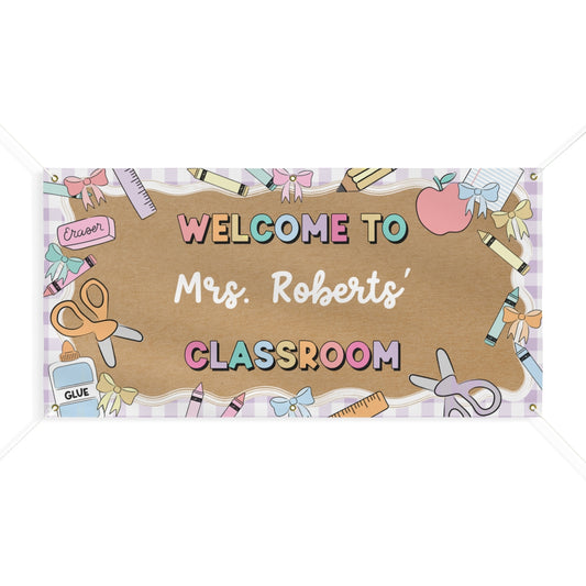 Pastel Lavender Gingham School Supplies Personalized Banner | Banner Bar