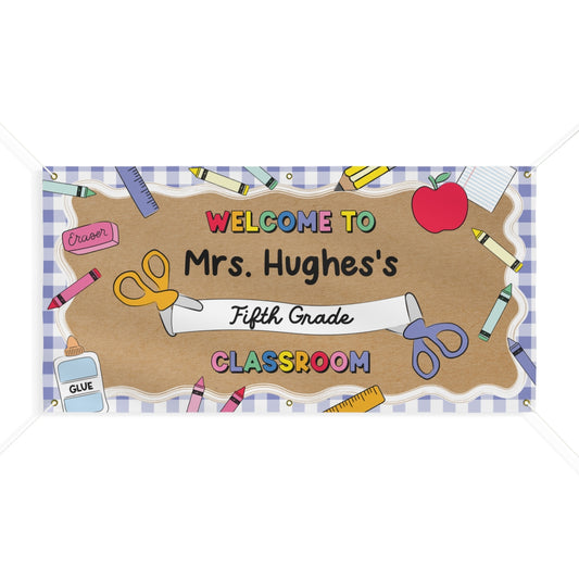 Blue Gingham School Supplies Personalized Classroom Banner | Banner Bar