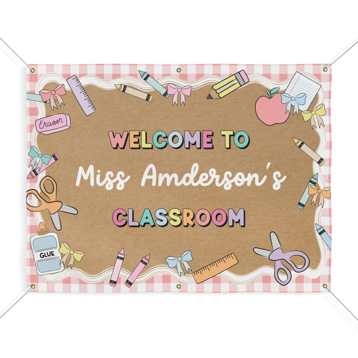 Carnation Pink Gingham Pastel School Supplies Personalized Banner | Banner Bar